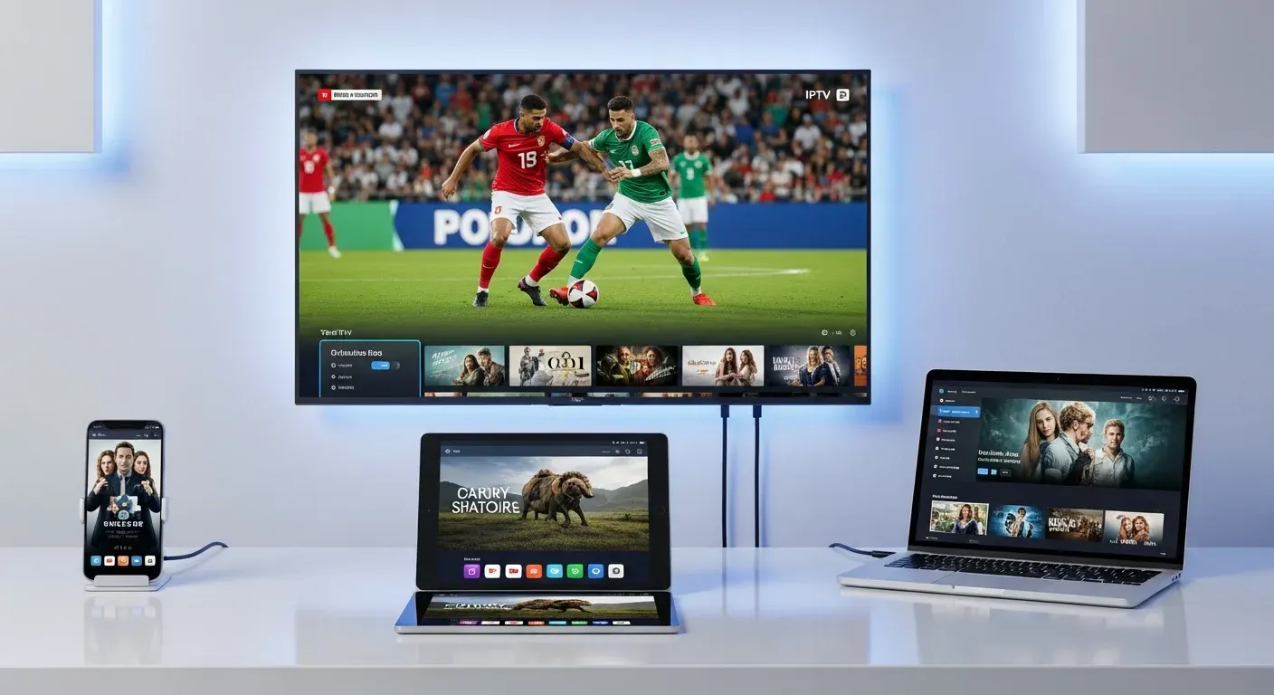 Televisão, telemóvel, tablet e portátil com uma aplicação IPTV aberta