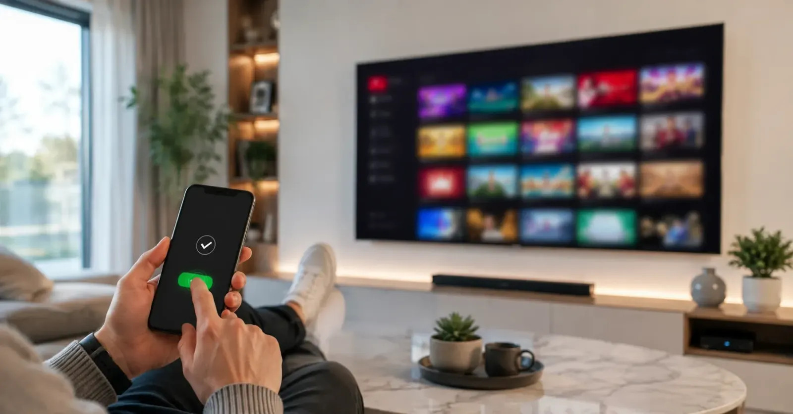 Teste IPTV: ativação confirmada no telemóvel em frente à televisão